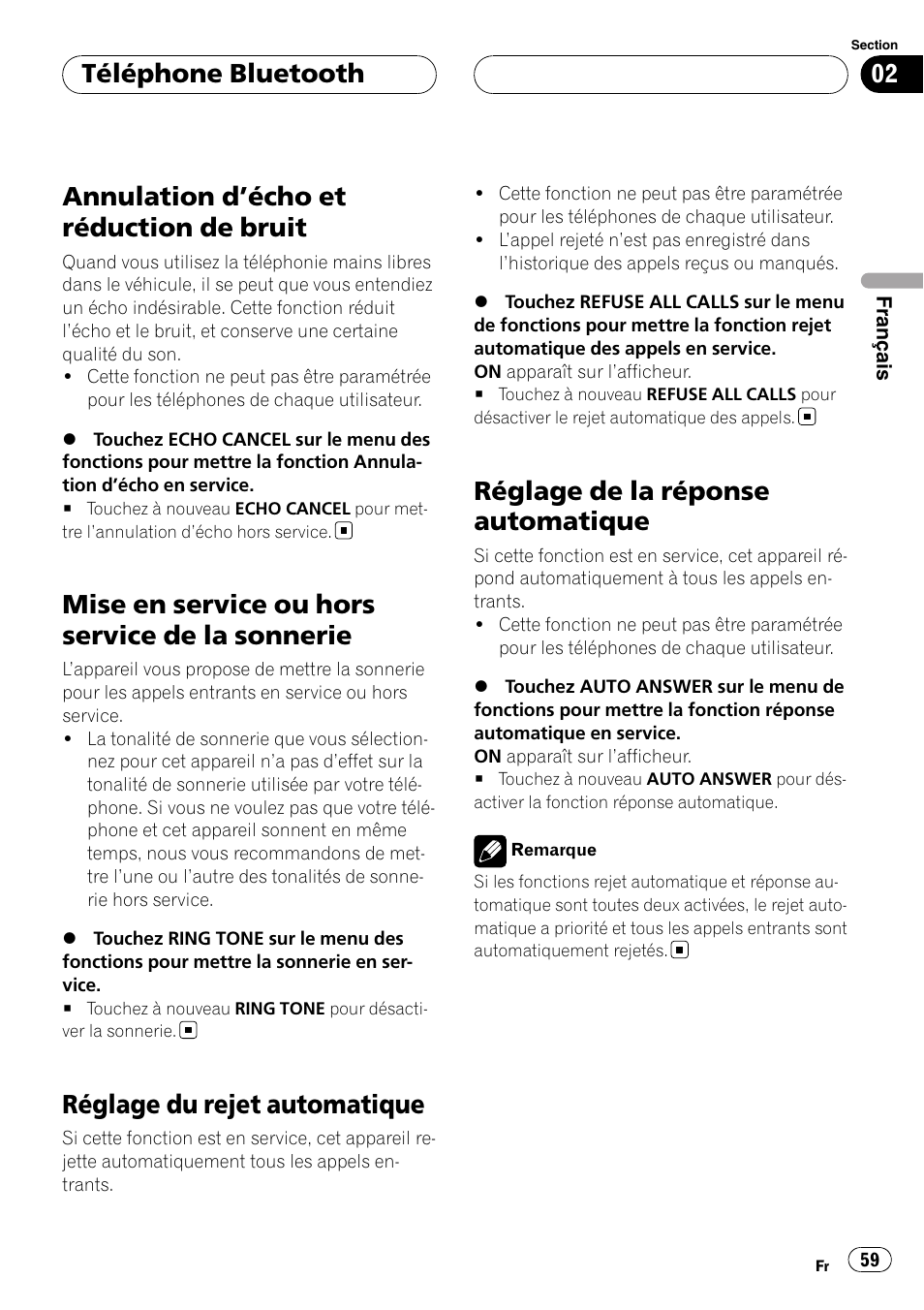 Annulation d, Écho et réduction de bruit 59, Mise en service ou hors service de la | Sonnerie, Réglage du rejet automatique, Réglage de la réponse automatique, Annulation d ’écho et réduction de bruit, Mise en service ou hors service de la sonnerie, Téléphone bluetooth | Pioneer CD-BTB200 User Manual | Page 59 / 121