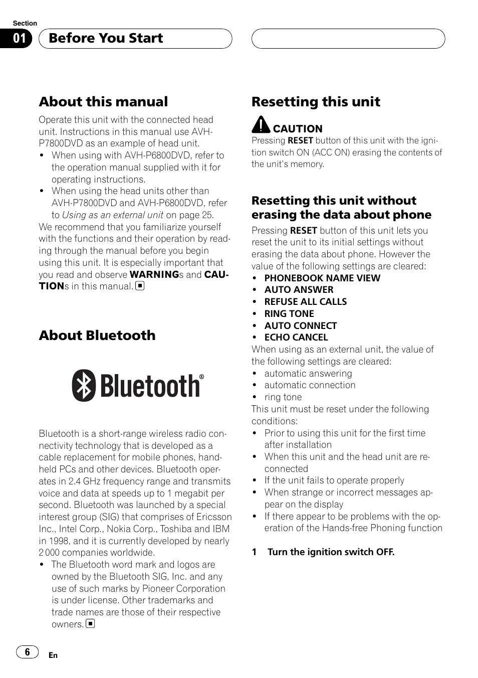 About this manual, About bluetooth, Resetting this unit | Resetting this unit without erasing the, Data about phone, Before you start | Pioneer CD-BTB200 User Manual | Page 6 / 121