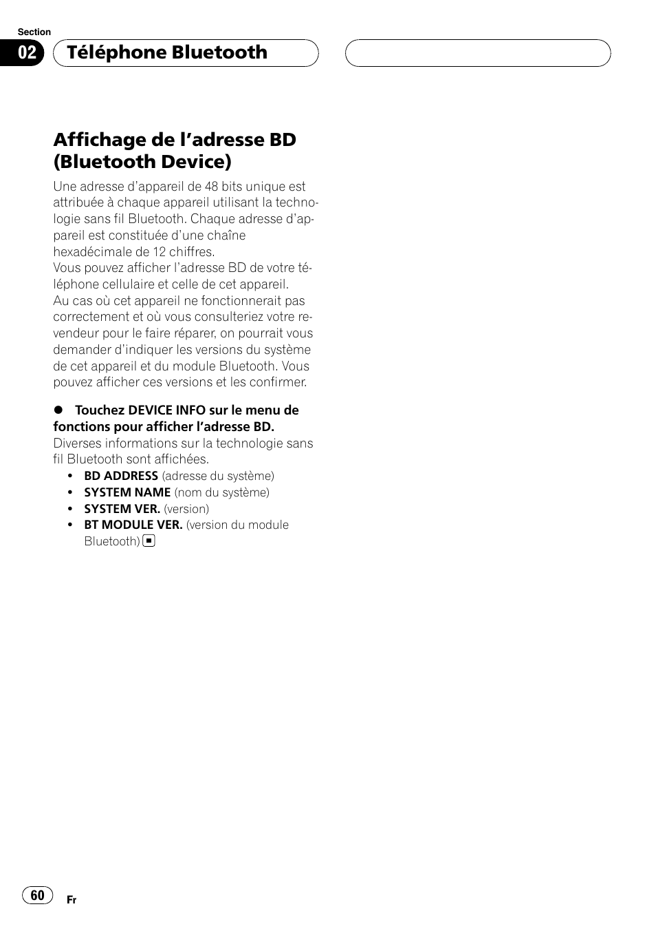 Affichage de l, Adresse bd (bluetooth, Device) | Affichage de l ’adresse bd (bluetooth device), Téléphone bluetooth | Pioneer CD-BTB200 User Manual | Page 60 / 121