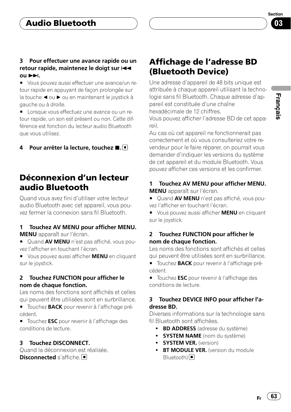 Déconnexion d, Un lecteur audio, Bluetooth | Affichage de l, Adresse bd (bluetooth, Device), Déconnexion d ’un lecteur audio bluetooth, Affichage de l ’adresse bd (bluetooth device), Audio bluetooth | Pioneer CD-BTB200 User Manual | Page 63 / 121