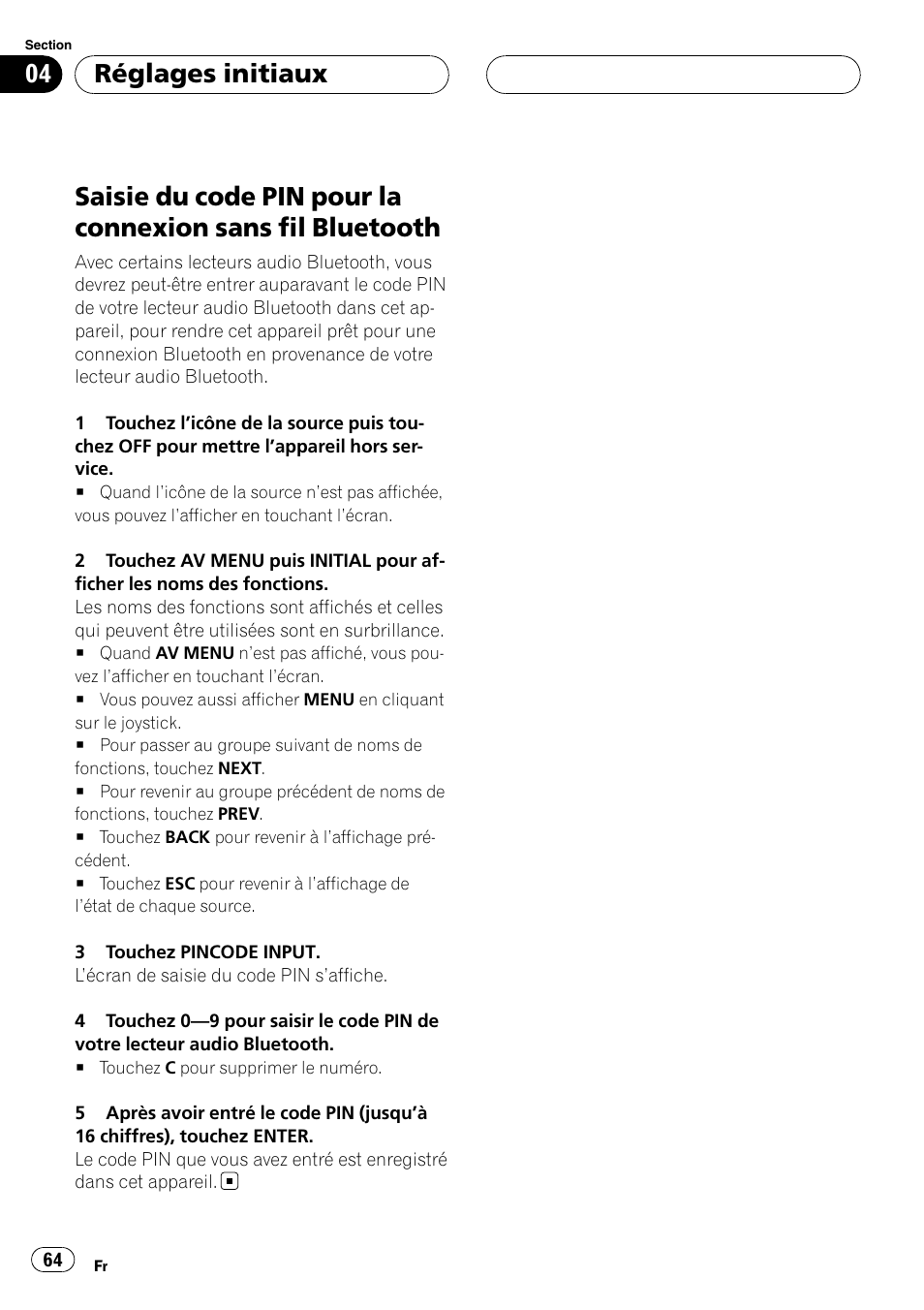 Bluetooth, Réglages initiaux | Pioneer CD-BTB200 User Manual | Page 64 / 121