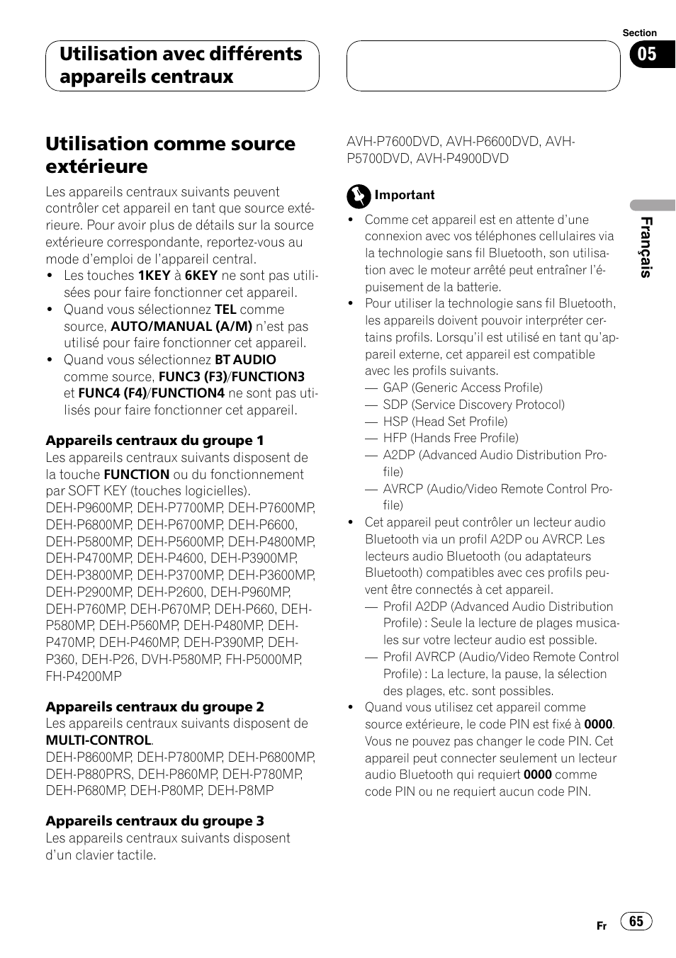 Utilisation comme source extérieure, Utilisation avec différents appareils centraux | Pioneer CD-BTB200 User Manual | Page 65 / 121