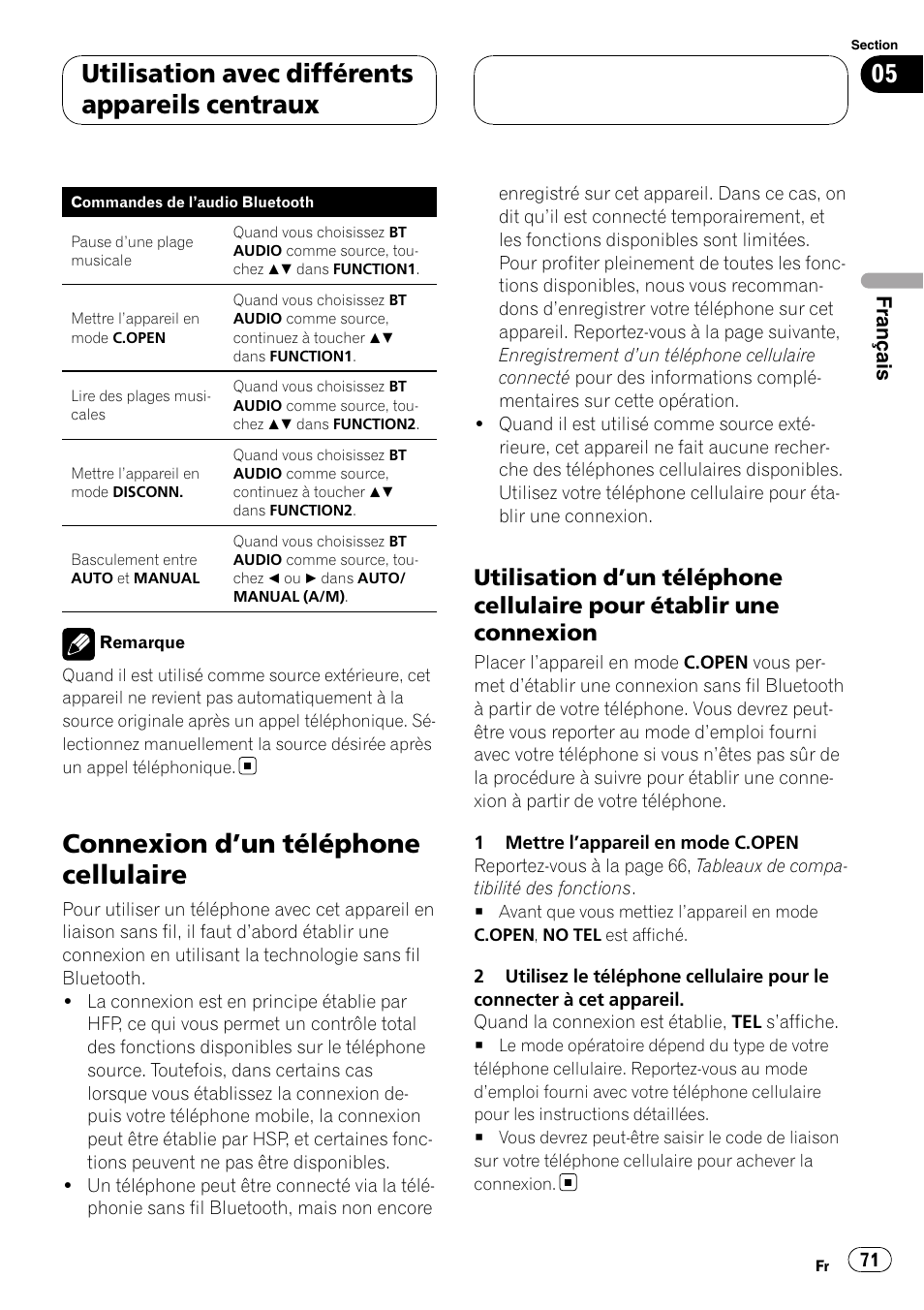 Connexion d, Un téléphone cellulaire 71, Utilisation d’un téléphone cellulaire | Pour établir une connexion, Connexion d ’un téléphone cellulaire, Utilisation avec différents appareils centraux | Pioneer CD-BTB200 User Manual | Page 71 / 121