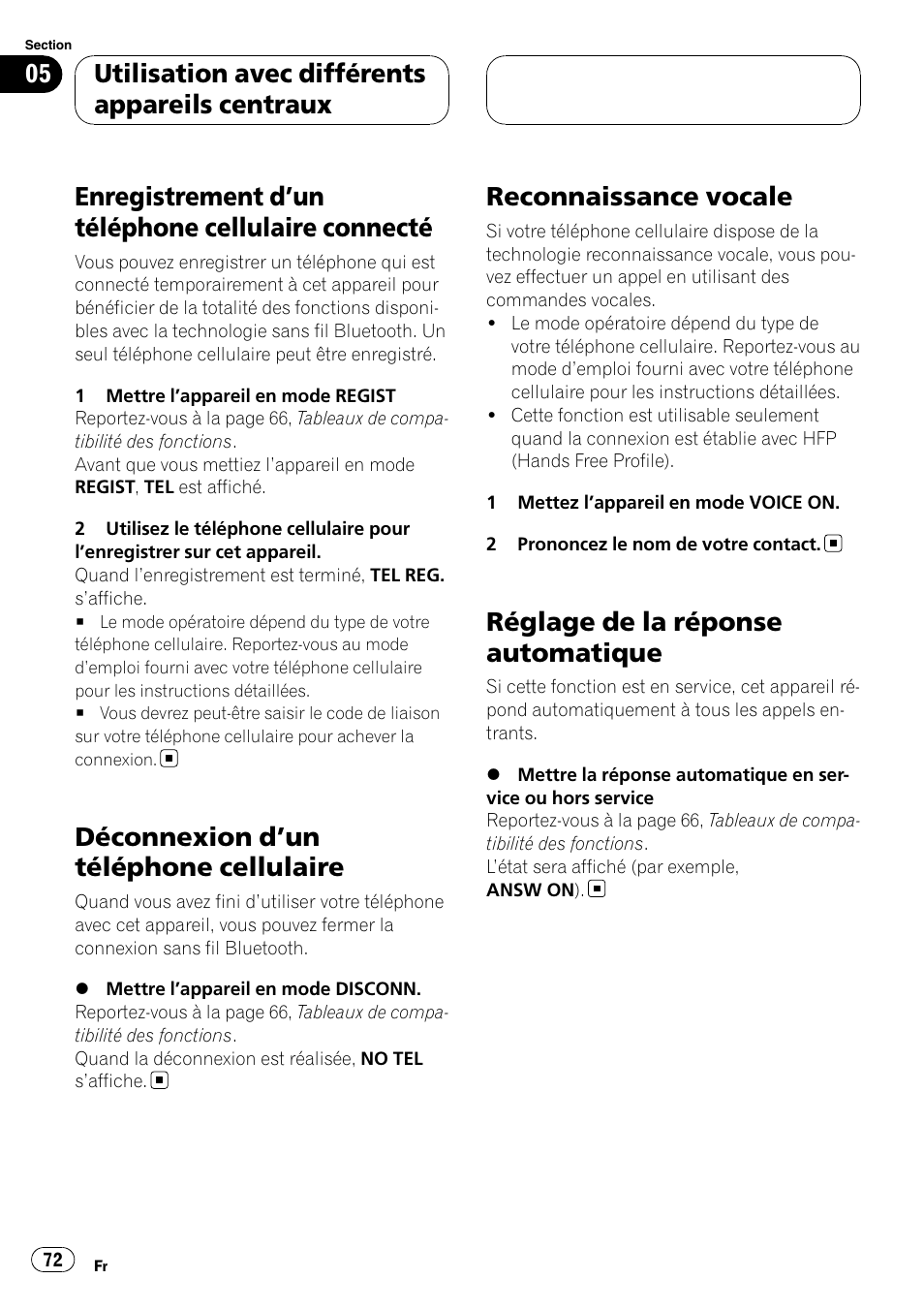 Enregistrement d, Un téléphone cellulaire, Connecté | Déconnexion d, Un téléphone cellulaire 72, Reconnaissance vocale, Réglage de la réponse automatique, Enregistrement d ’un téléphone cellulaire connecté, Déconnexion d ’un téléphone cellulaire, Utilisation avec différents appareils centraux | Pioneer CD-BTB200 User Manual | Page 72 / 121