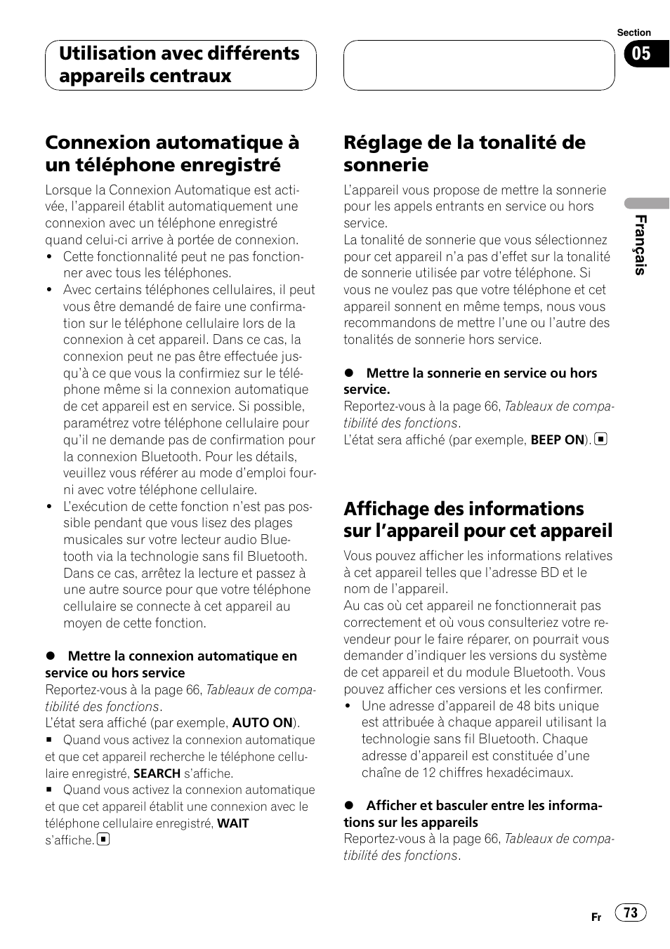 Connexion automatique à un téléphone, Enregistré, Réglage de la tonalité de sonnerie | Affichage des informations sur l, Appareil, Pour cet appareil, Connexion automatique à un téléphone enregistré, Utilisation avec différents appareils centraux | Pioneer CD-BTB200 User Manual | Page 73 / 121