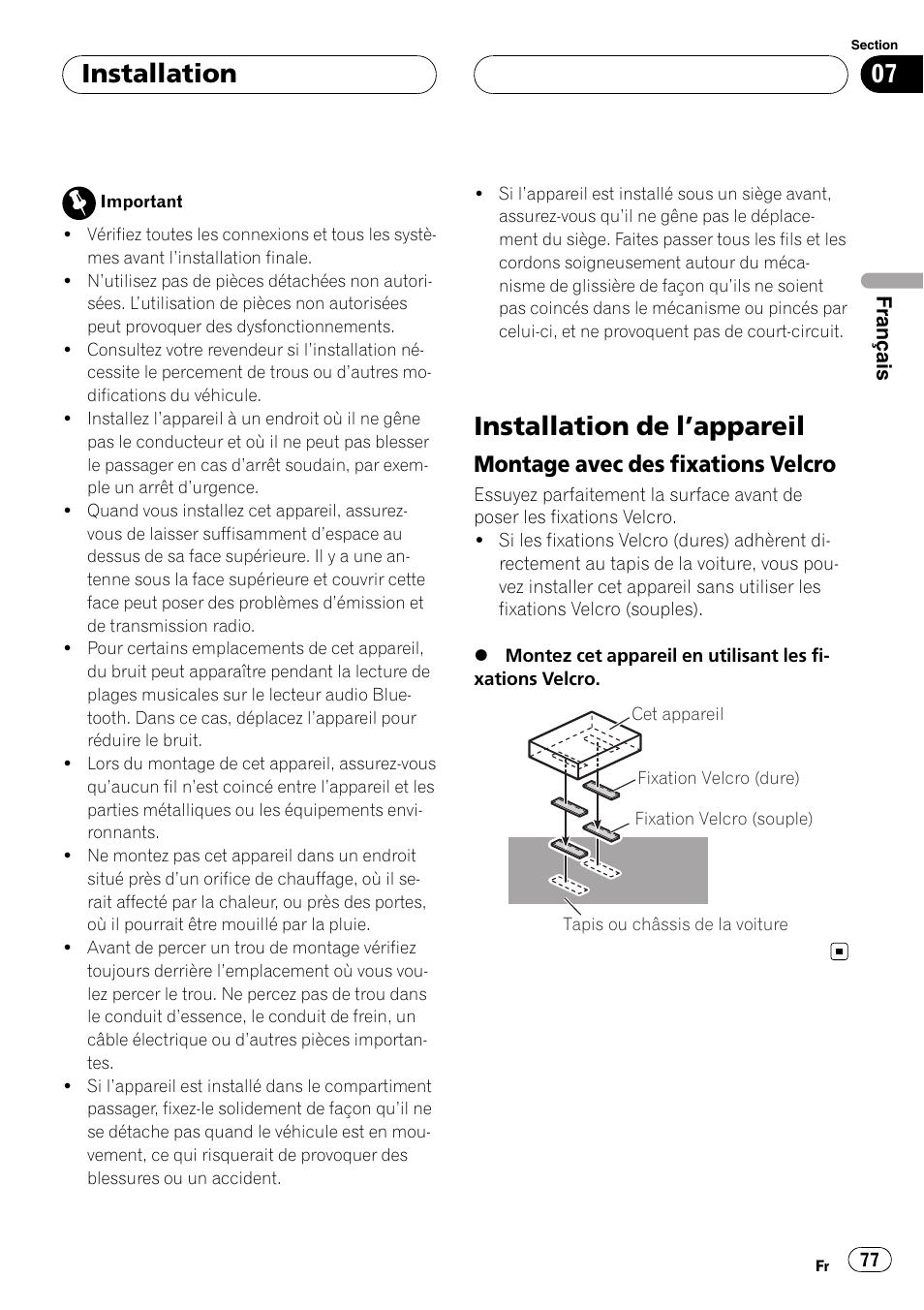 Installation installation de l, Appareil 77, Montage avec des fixations velcro 77 | Installation de l ’appareil, Installation, Montage avec des fixations velcro | Pioneer CD-BTB200 User Manual | Page 77 / 121