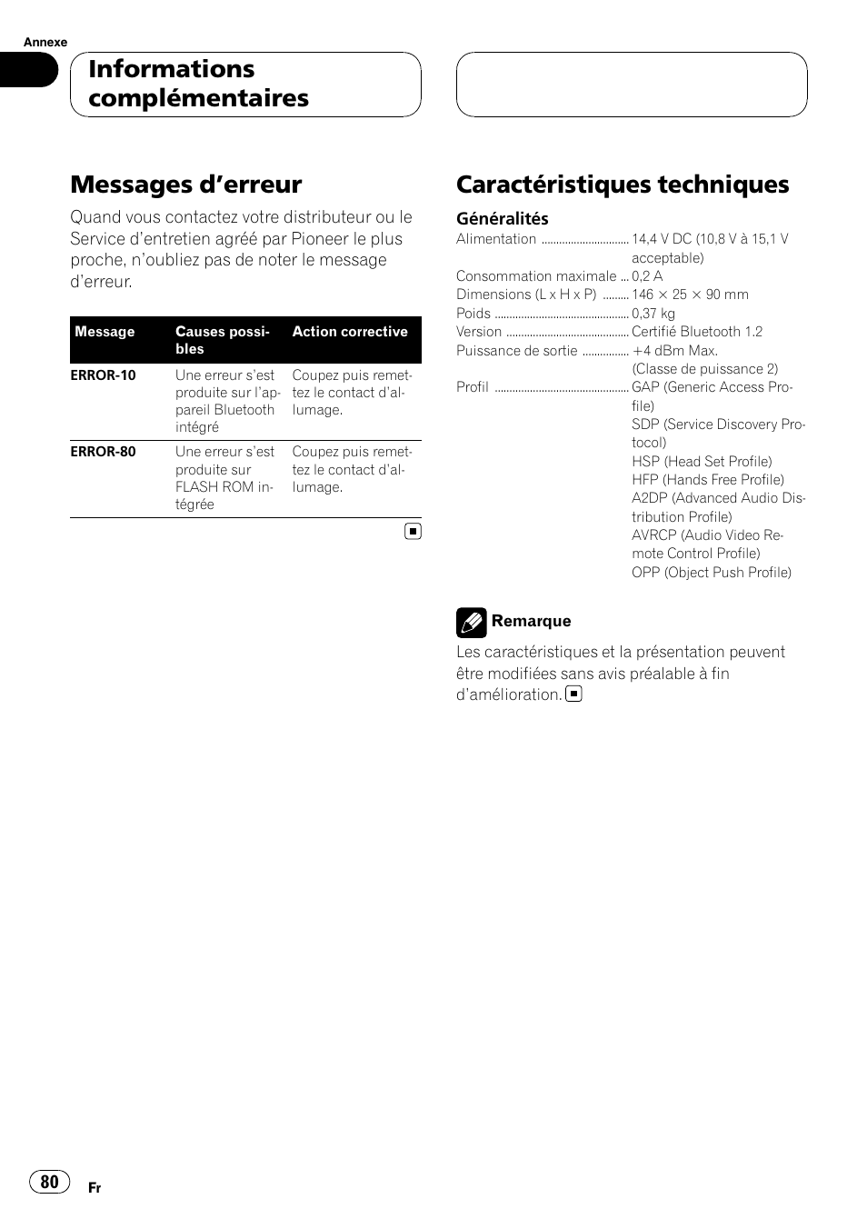 Informations complémentaires messages d, Erreur 80, Caractéristiques techniques | Messages d ’erreur, Informations complémentaires | Pioneer CD-BTB200 User Manual | Page 80 / 121