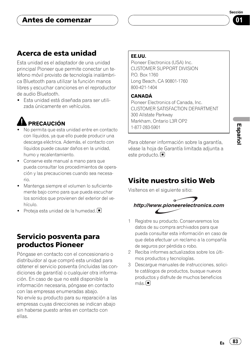 Antes de comenzar, Acerca de esta unidad, Servicio posventa para productos | Pioneer, Visite nuestro sitio web, Servicio posventa para productos pioneer | Pioneer CD-BTB200 User Manual | Page 83 / 121