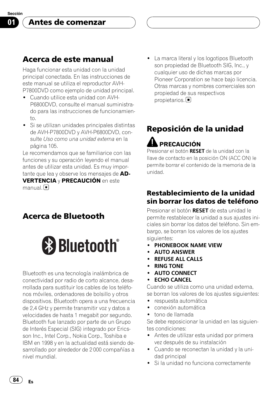 Acerca de este manual, Acerca de bluetooth, Reposición de la unidad | Restablecimiento de la unidad sin, Borrar los datos de teléfono, Antes de comenzar | Pioneer CD-BTB200 User Manual | Page 84 / 121