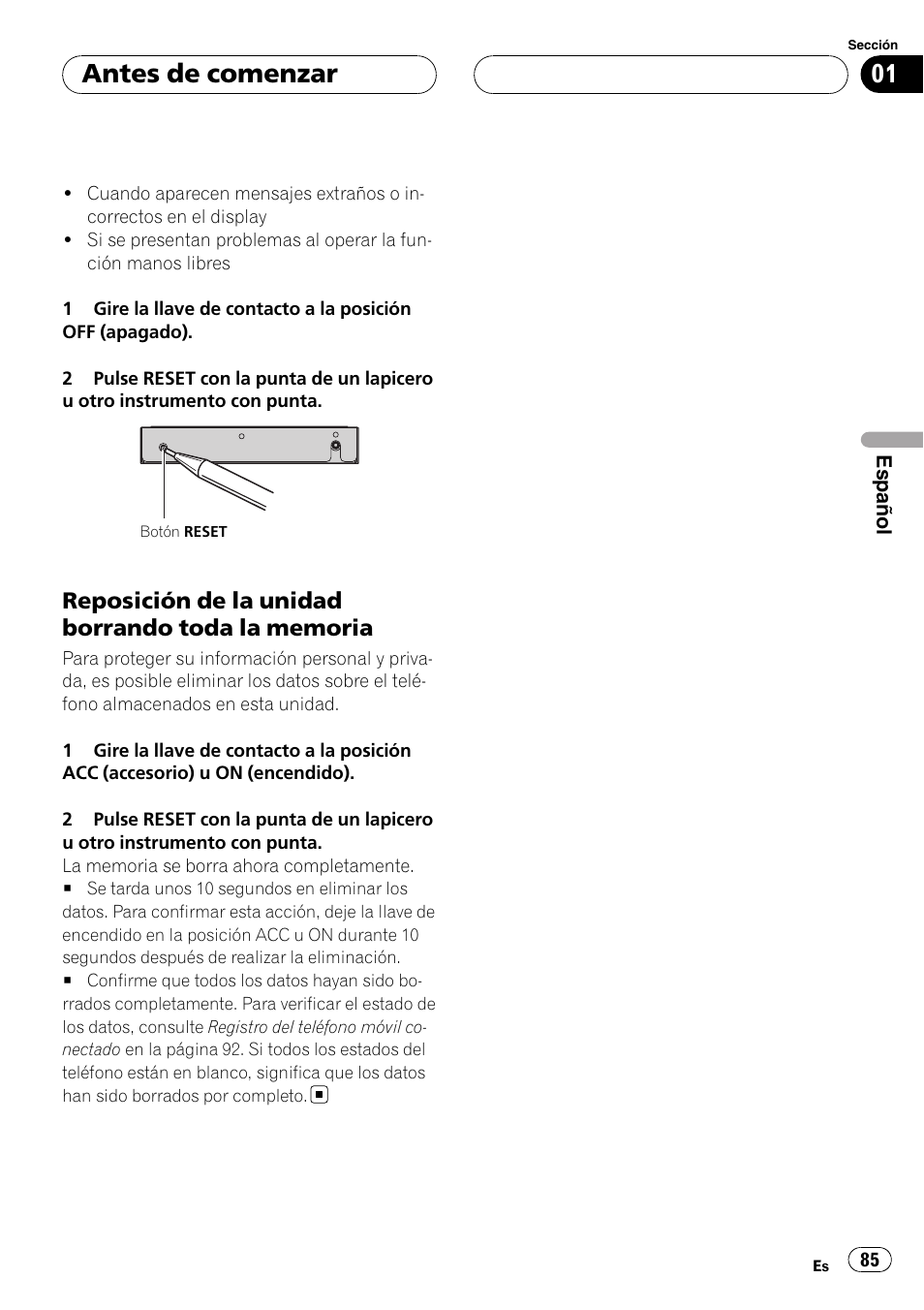 Reposición de la unidad borrando toda, La memoria, Antes de comenzar | Pioneer CD-BTB200 User Manual | Page 85 / 121