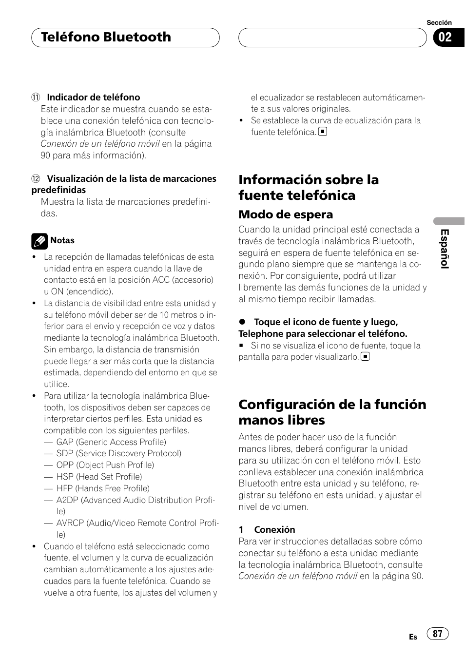 Información sobre la fuente telefónica, Modo de espera 87, Configuración de la función manos | Libres, Configuración de la función manos libres, Teléfono bluetooth, Modo de espera | Pioneer CD-BTB200 User Manual | Page 87 / 121