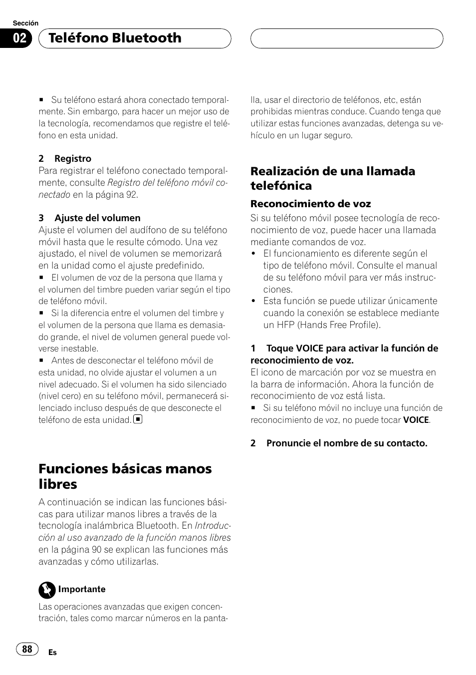Funciones básicas manos libres, Realización de una llamada, Telefónica | Teléfono bluetooth, Realización de una llamada telefónica | Pioneer CD-BTB200 User Manual | Page 88 / 121