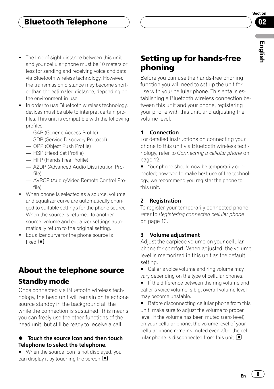 About the telephone source, Standby mode 9, Setting up for hands-free phoning | Bluetooth telephone, Standby mode | Pioneer CD-BTB200 User Manual | Page 9 / 121