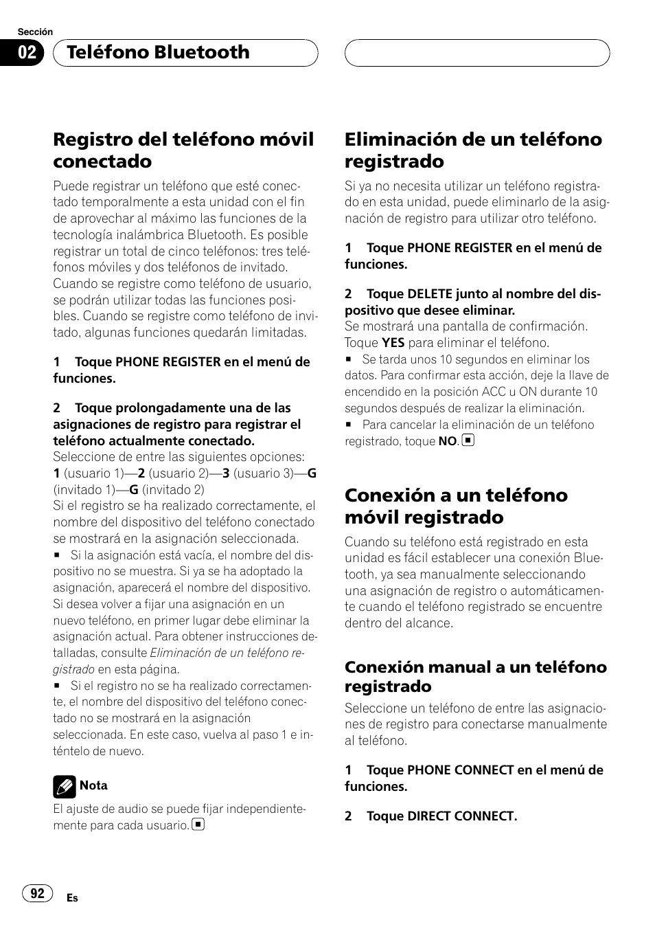 Registro del teléfono móvil conectado, Eliminación de un teléfono registrado, Conexión a un teléfono móvil registrado | Conexión manual a un teléfono, Registrado, Teléfono bluetooth | Pioneer CD-BTB200 User Manual | Page 92 / 121