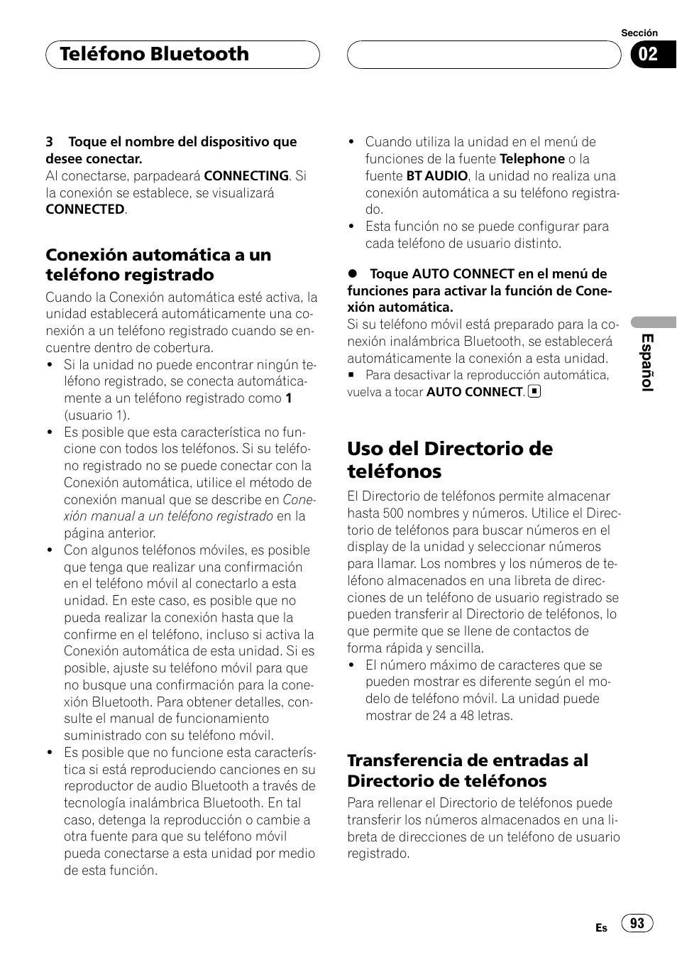 Conexión automática a un teléfono, Registrado, Uso del directorio de teléfonos | Transferencia de entradas al directorio, De teléfonos, Teléfono bluetooth | Pioneer CD-BTB200 User Manual | Page 93 / 121