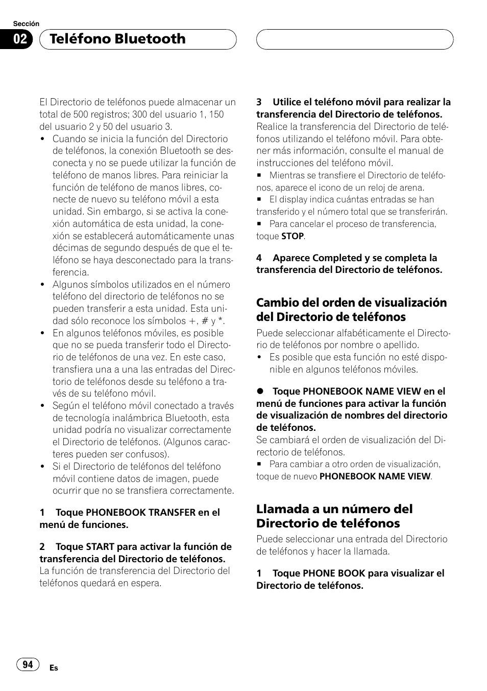 Cambio del orden de visualización del, Directorio de teléfonos, Llamada a un número del directorio de | Teléfonos, Teléfono bluetooth, Llamada a un número del directorio de teléfonos | Pioneer CD-BTB200 User Manual | Page 94 / 121
