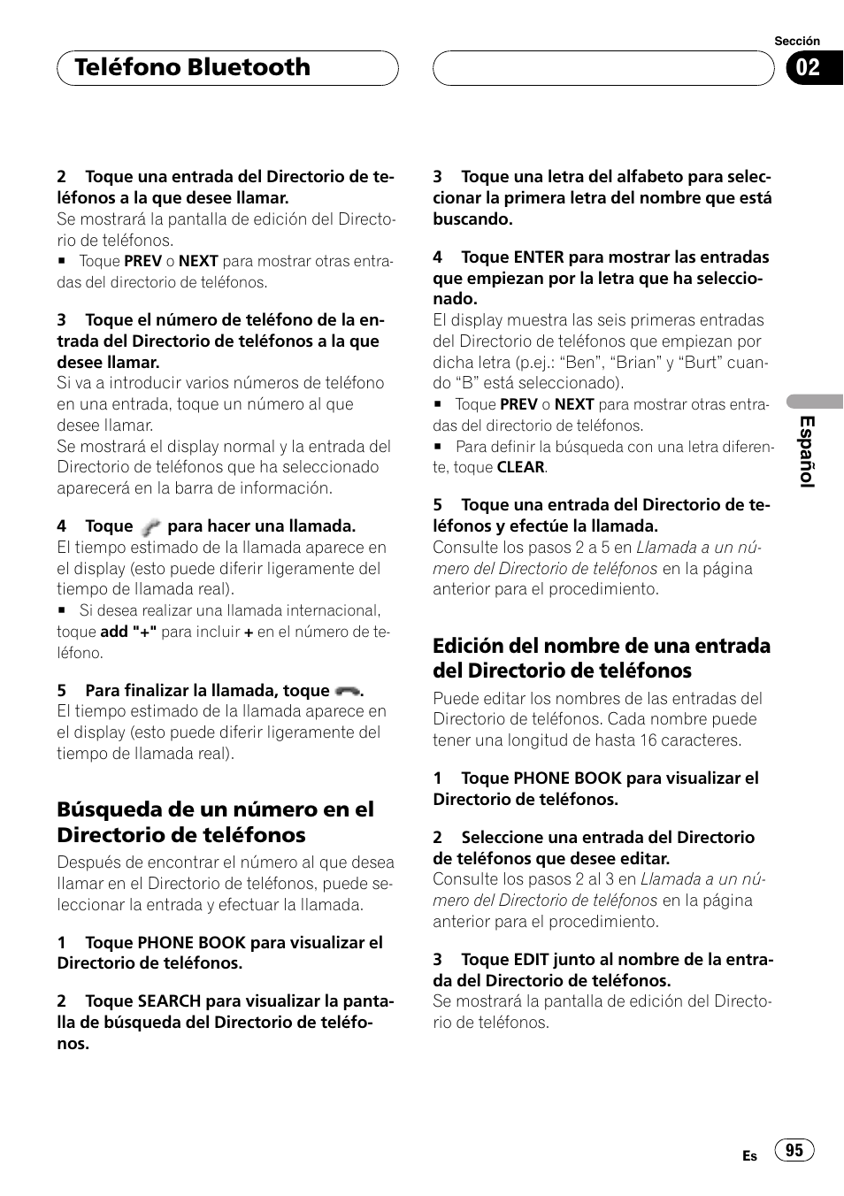 Búsqueda de un número en el, Directorio de teléfonos, Edición del nombre de una entrada del | Teléfono bluetooth | Pioneer CD-BTB200 User Manual | Page 95 / 121