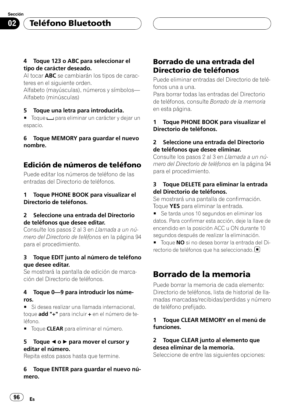 Edición de números de teléfono 96, Borrado de una entrada del directorio, De teléfonos | Borrado de la memoria, Teléfono bluetooth, Edición de números de teléfono, Borrado de una entrada del directorio de teléfonos | Pioneer CD-BTB200 User Manual | Page 96 / 121
