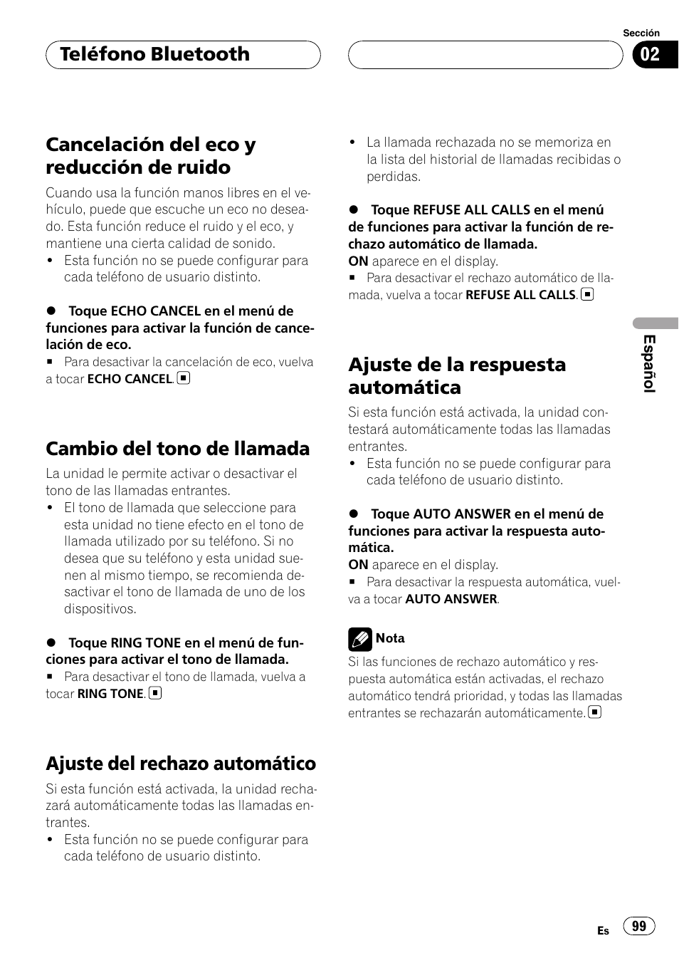 Cancelación del eco y reducción de, Ruido, Cambio del tono de llamada | Ajuste del rechazo automático, Ajuste de la respuesta automática, Cancelación del eco y reducción de ruido, Teléfono bluetooth | Pioneer CD-BTB200 User Manual | Page 99 / 121