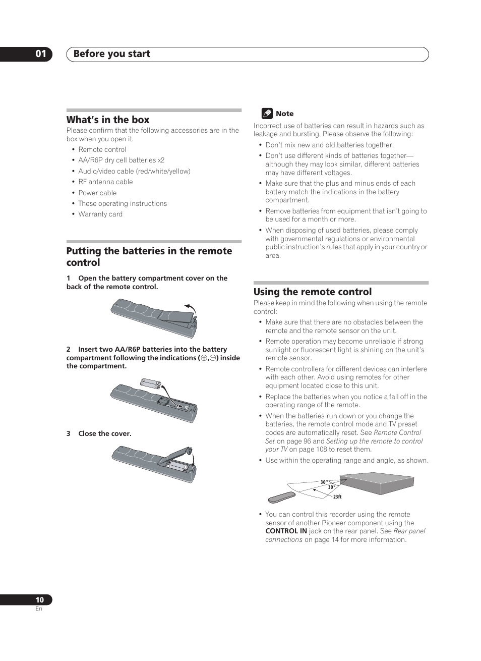 Before you start 01, What’s in the box, Putting the batteries in the remote control | Using the remote control | Pioneer PRV-9200 User Manual | Page 10 / 124