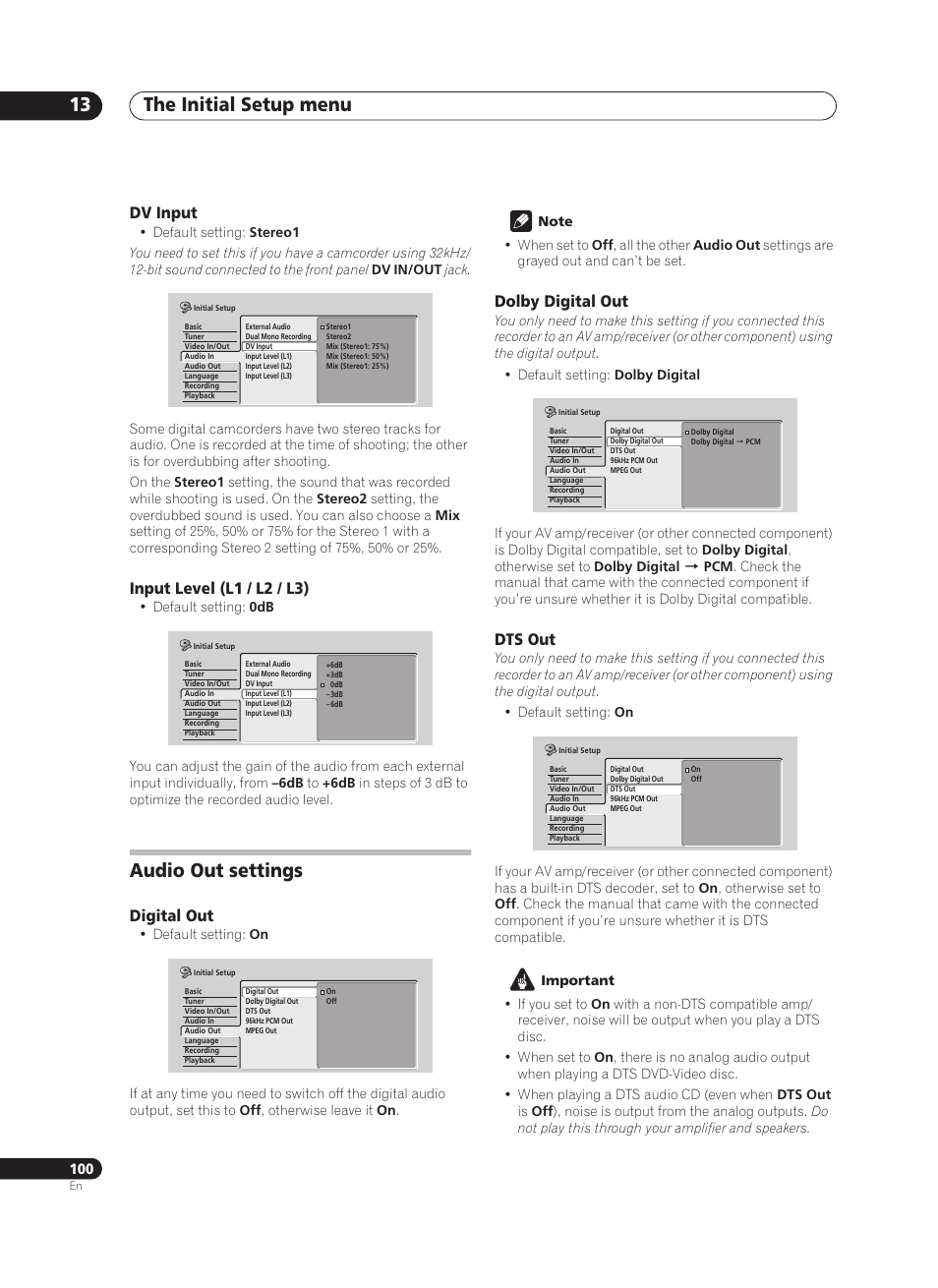 The initial setup menu 13, Audio out settings | Pioneer PRV-9200 User Manual | Page 100 / 124