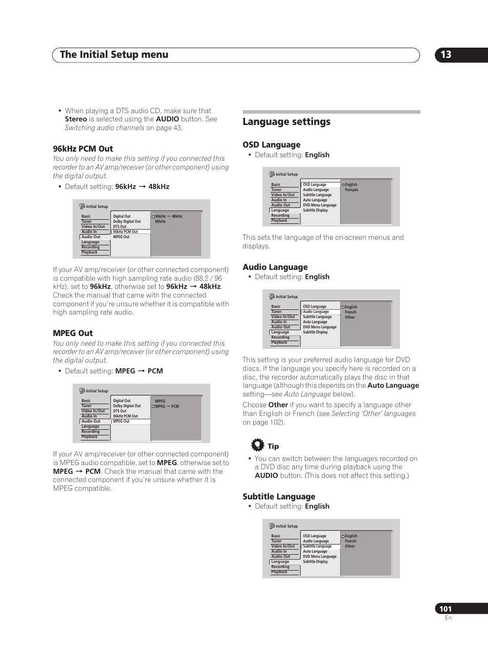 The initial setup menu 13, Language settings, 96khz pcm out | Mpeg out, Osd language, Audio language, Subtitle language | Pioneer PRV-9200 User Manual | Page 101 / 124