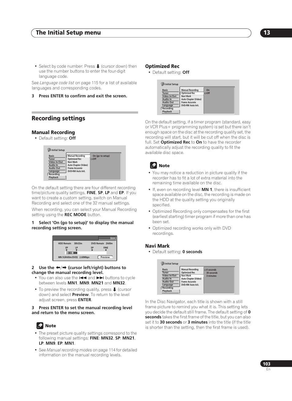 The initial setup menu 13, Recording settings | Pioneer PRV-9200 User Manual | Page 103 / 124