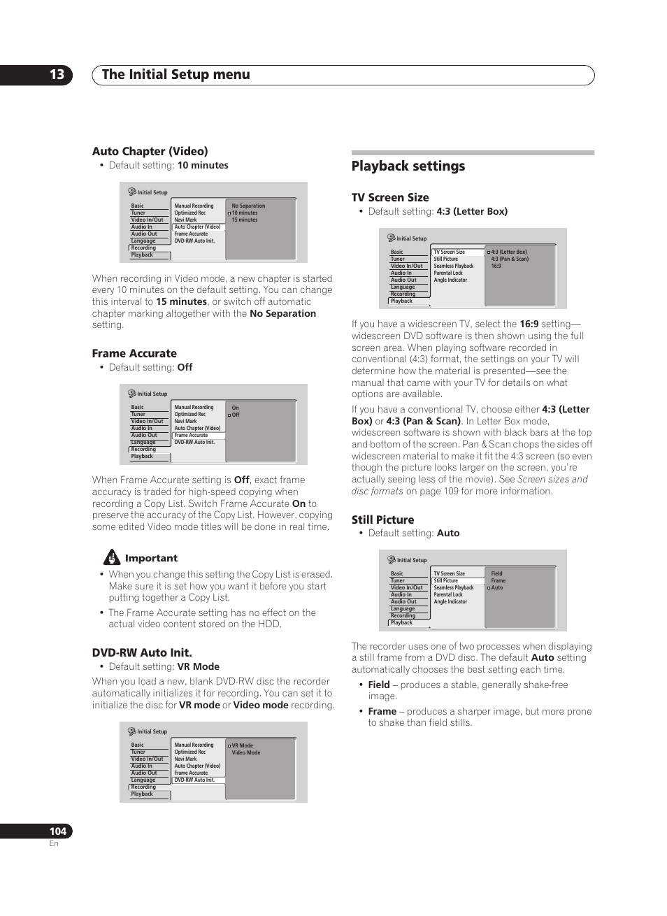 The initial setup menu 13, Playback settings | Pioneer PRV-9200 User Manual | Page 104 / 124