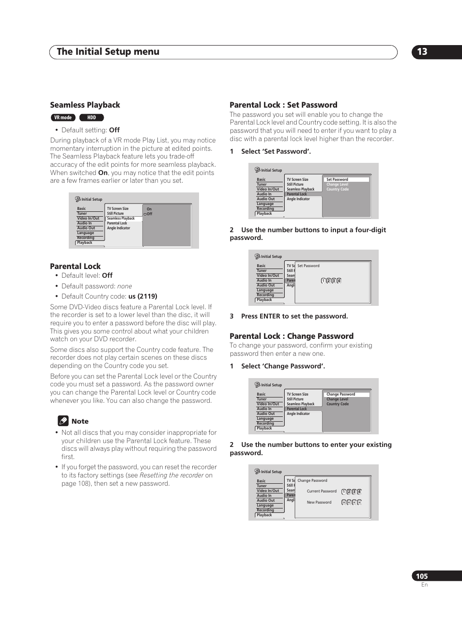The initial setup menu 13, Seamless playback, Parental lock | Parental lock : set password, Parental lock : change password | Pioneer PRV-9200 User Manual | Page 105 / 124