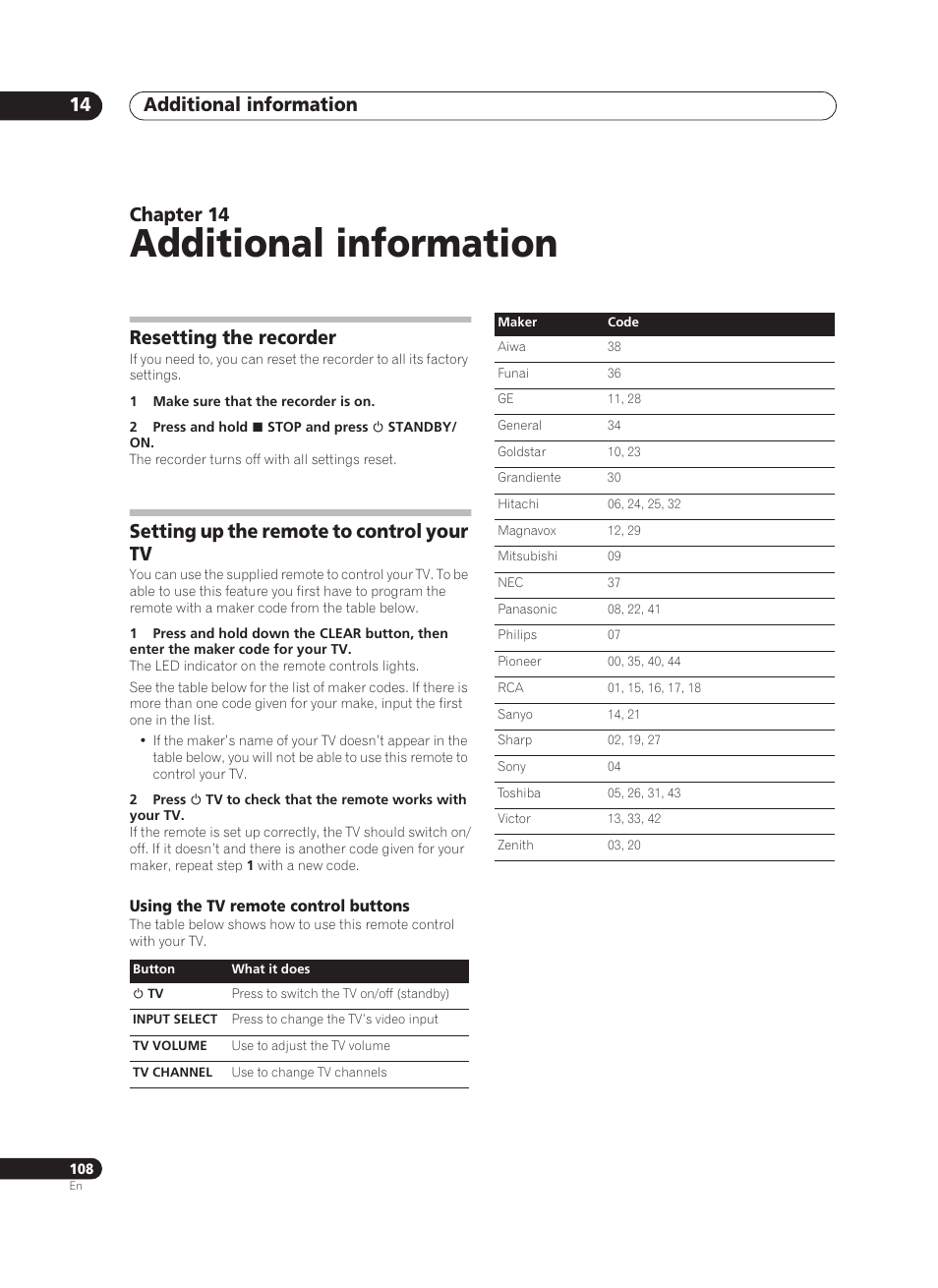 Additional information, Additional information 14, Chapter 14 | Resetting the recorder, Setting up the remote to control your tv | Pioneer PRV-9200 User Manual | Page 108 / 124