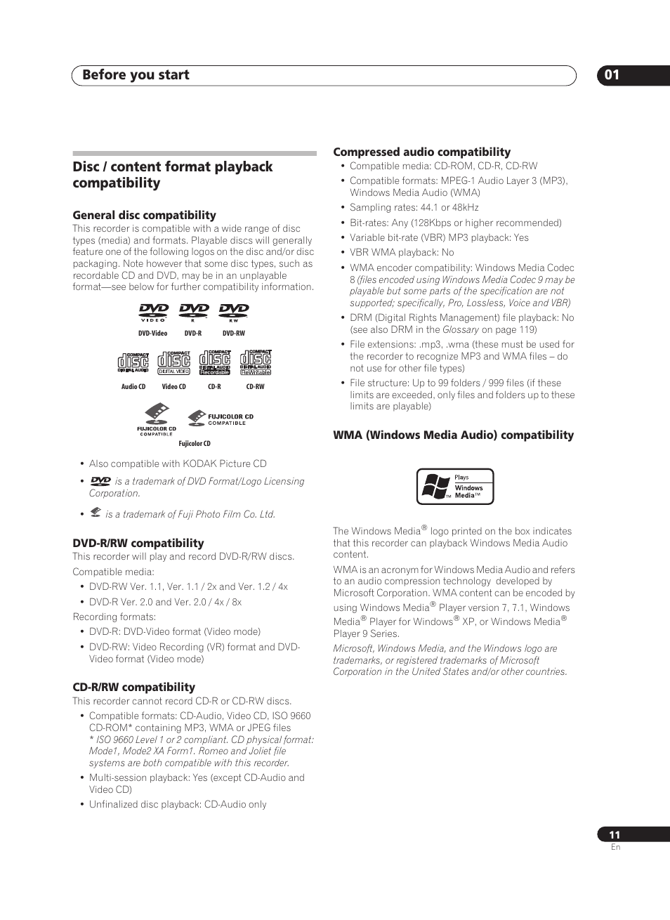 Before you start 01, Disc / content format playback compatibility | Pioneer PRV-9200 User Manual | Page 11 / 124
