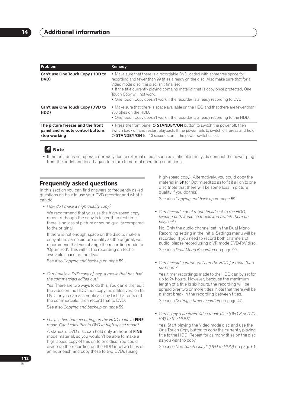 Additional information 14, Frequently asked questions | Pioneer PRV-9200 User Manual | Page 112 / 124