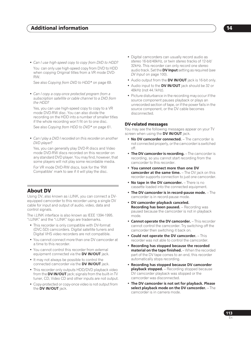 Additional information 14, About dv | Pioneer PRV-9200 User Manual | Page 113 / 124