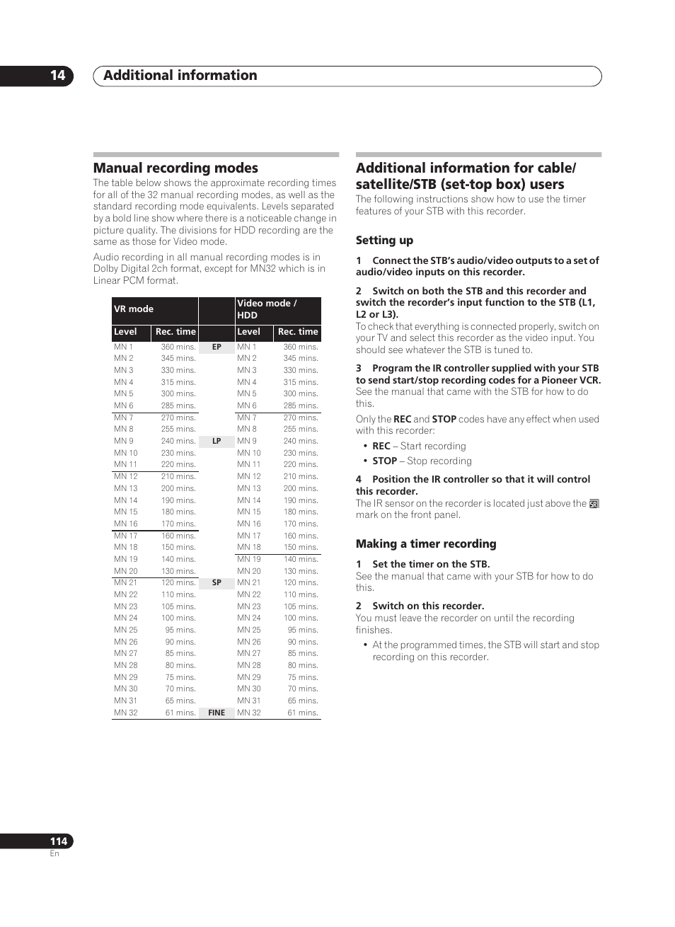 Additional information 14, Manual recording modes, Setting up | Making a timer recording | Pioneer PRV-9200 User Manual | Page 114 / 124