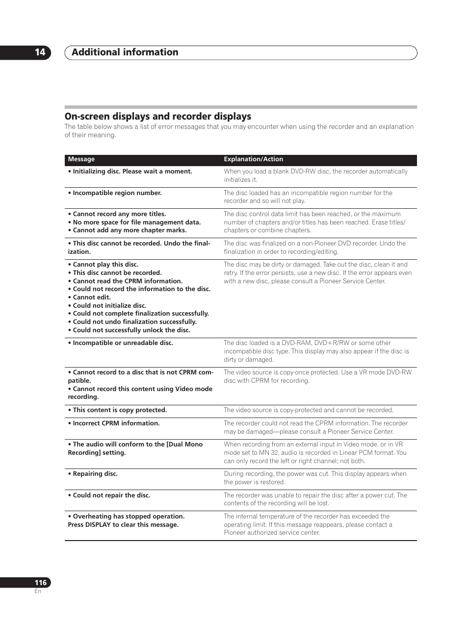 Additional information 14, On-screen displays and recorder displays | Pioneer PRV-9200 User Manual | Page 116 / 124