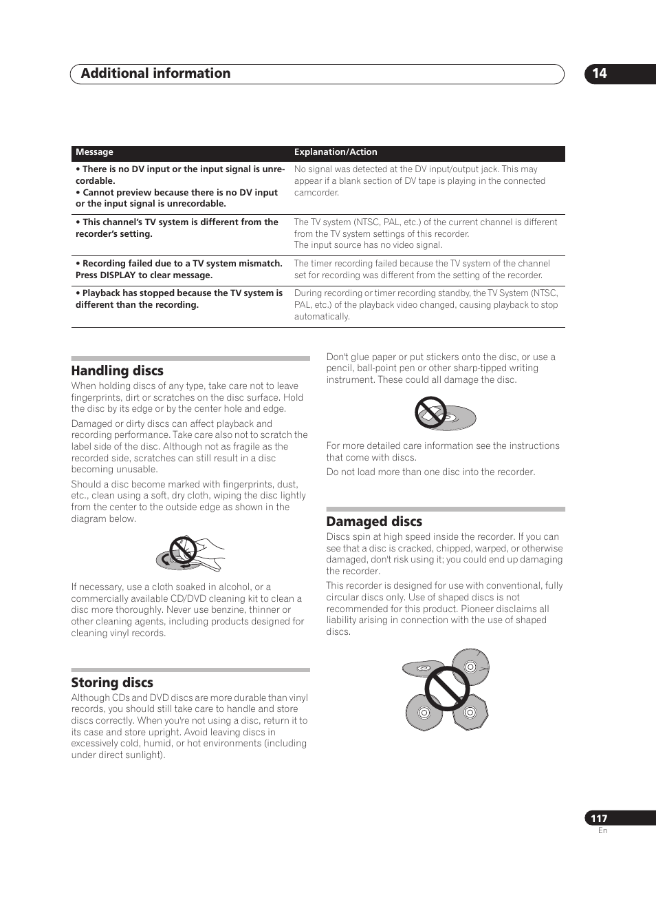 Additional information 14, Handling discs, Storing discs | Damaged discs | Pioneer PRV-9200 User Manual | Page 117 / 124