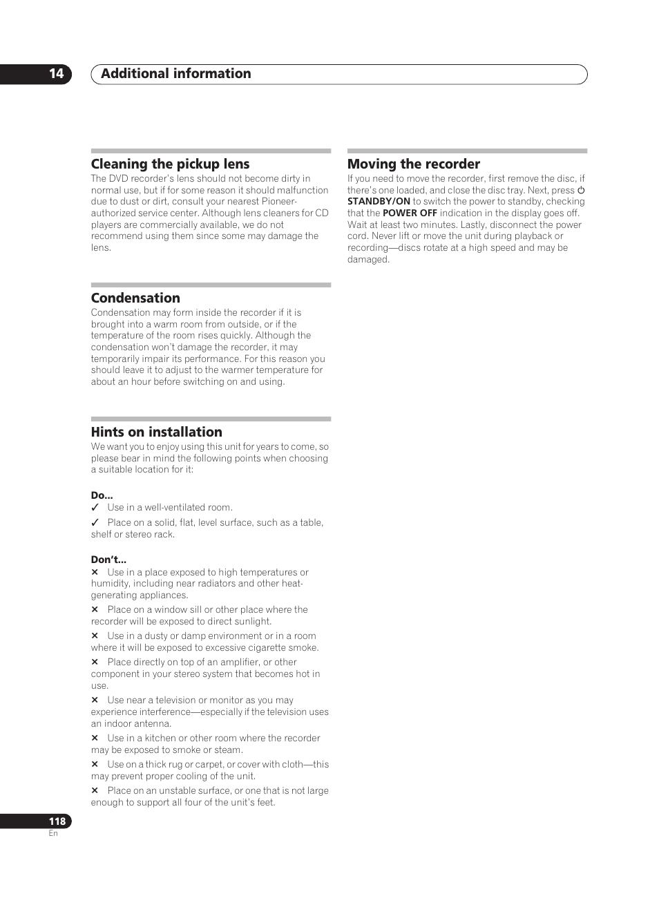 Additional information 14, Cleaning the pickup lens, Condensation | Hints on installation, Moving the recorder | Pioneer PRV-9200 User Manual | Page 118 / 124