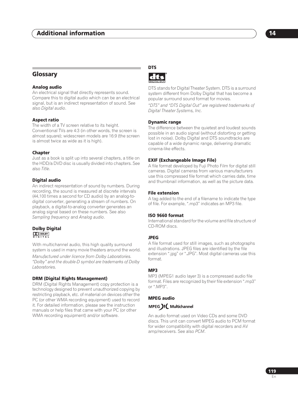 Additional information 14, Glossary | Pioneer PRV-9200 User Manual | Page 119 / 124