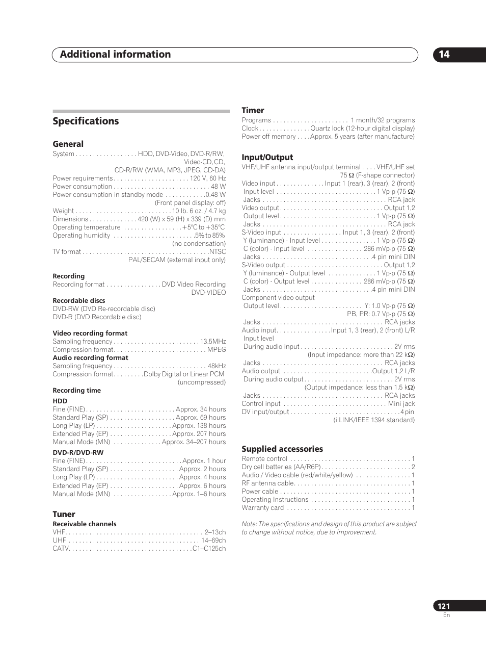 Additional information 14, Specifications | Pioneer PRV-9200 User Manual | Page 121 / 124