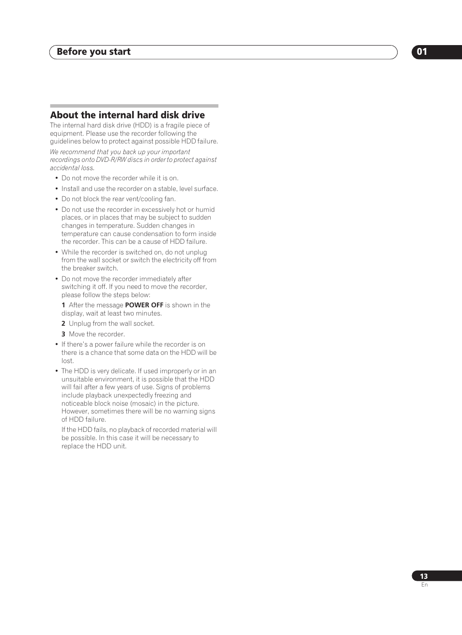 Before you start 01, About the internal hard disk drive | Pioneer PRV-9200 User Manual | Page 13 / 124