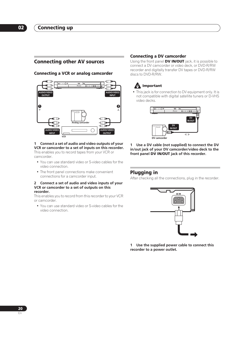 Connecting up 02, Connecting other av sources, Plugging in | Pioneer PRV-9200 User Manual | Page 20 / 124