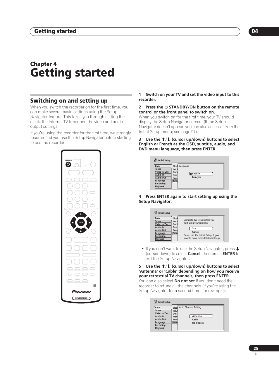 Getting started, Getting started 04, Chapter 4 | Switching on and setting up | Pioneer PRV-9200 User Manual | Page 25 / 124