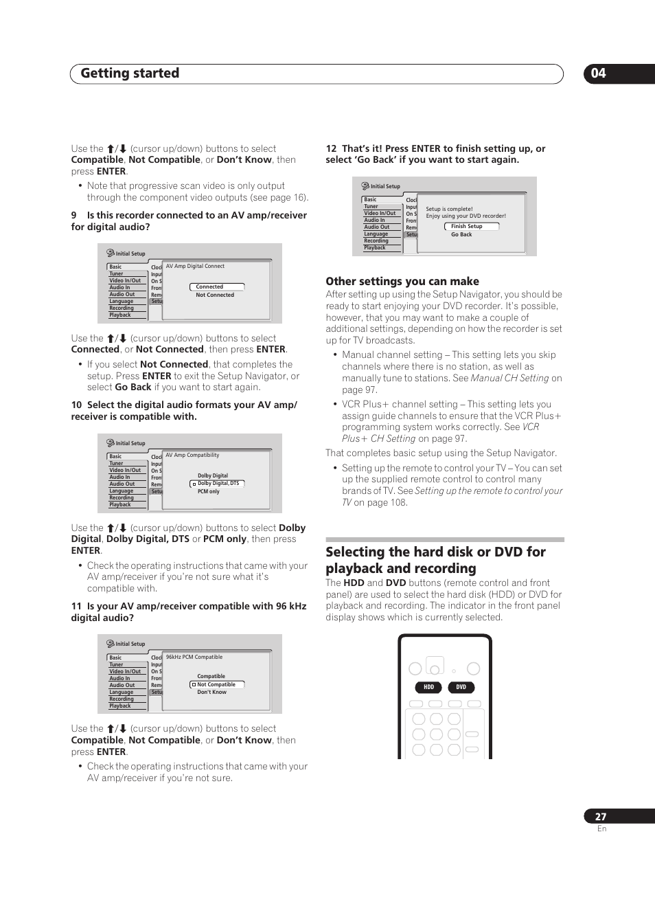 Getting started 04, Other settings you can make | Pioneer PRV-9200 User Manual | Page 27 / 124