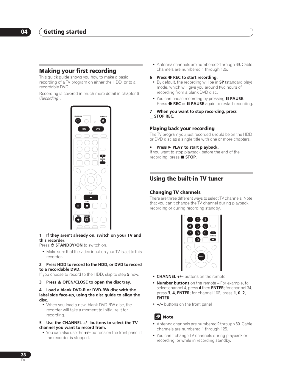 Getting started 04, Making your first recording, Using the built-in tv tuner | Pioneer PRV-9200 User Manual | Page 28 / 124