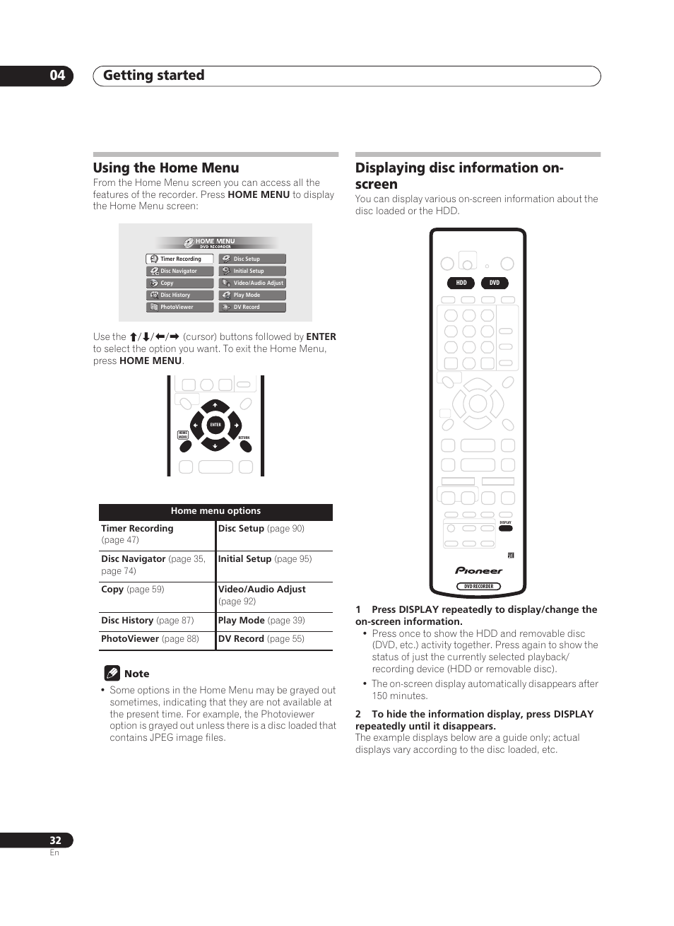 Getting started 04, Using the home menu, Displaying disc information on- screen | Pioneer PRV-9200 User Manual | Page 32 / 124