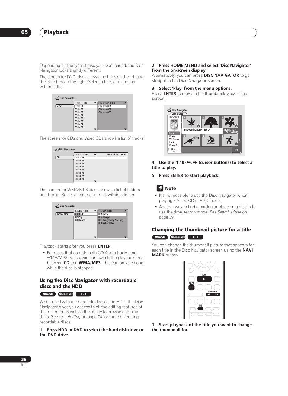 Playback 05, Changing the thumbnail picture for a title | Pioneer PRV-9200 User Manual | Page 36 / 124