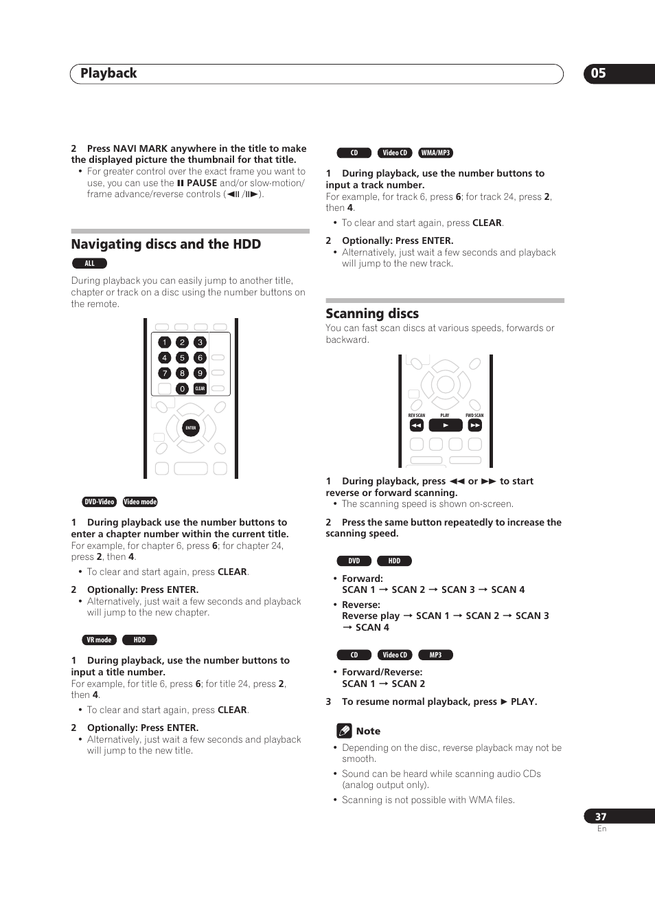 Playback 05, Navigating discs and the hdd, Scanning discs | Pioneer PRV-9200 User Manual | Page 37 / 124
