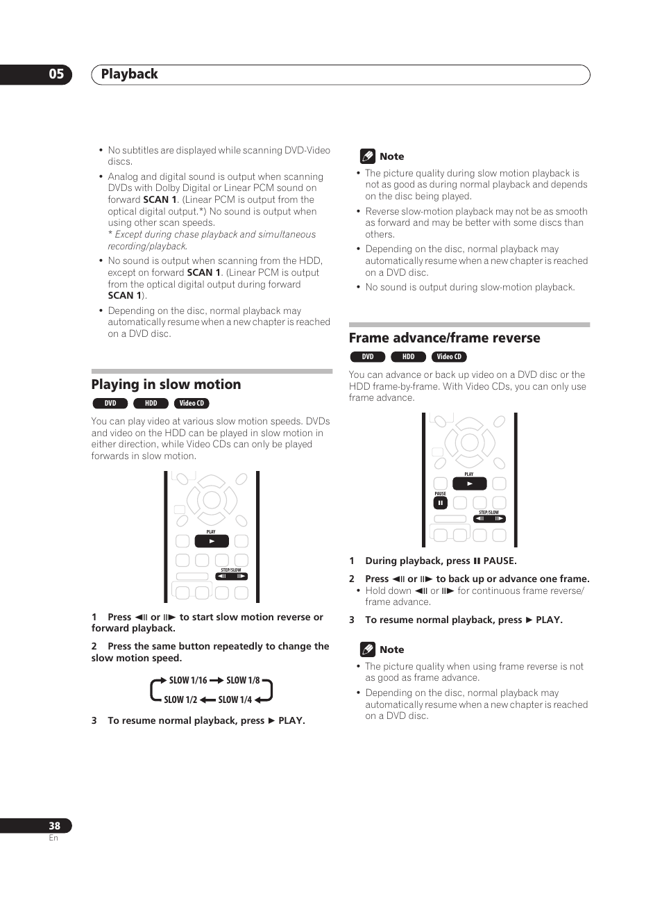 Playback 05, Playing in slow motion, Frame advance/frame reverse | Pioneer PRV-9200 User Manual | Page 38 / 124