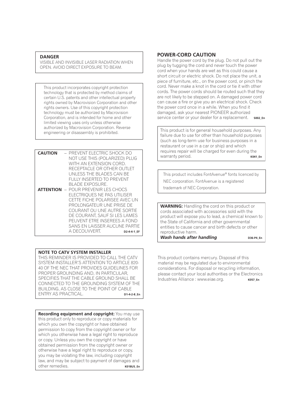 Power-cord caution | Pioneer PRV-9200 User Manual | Page 4 / 124