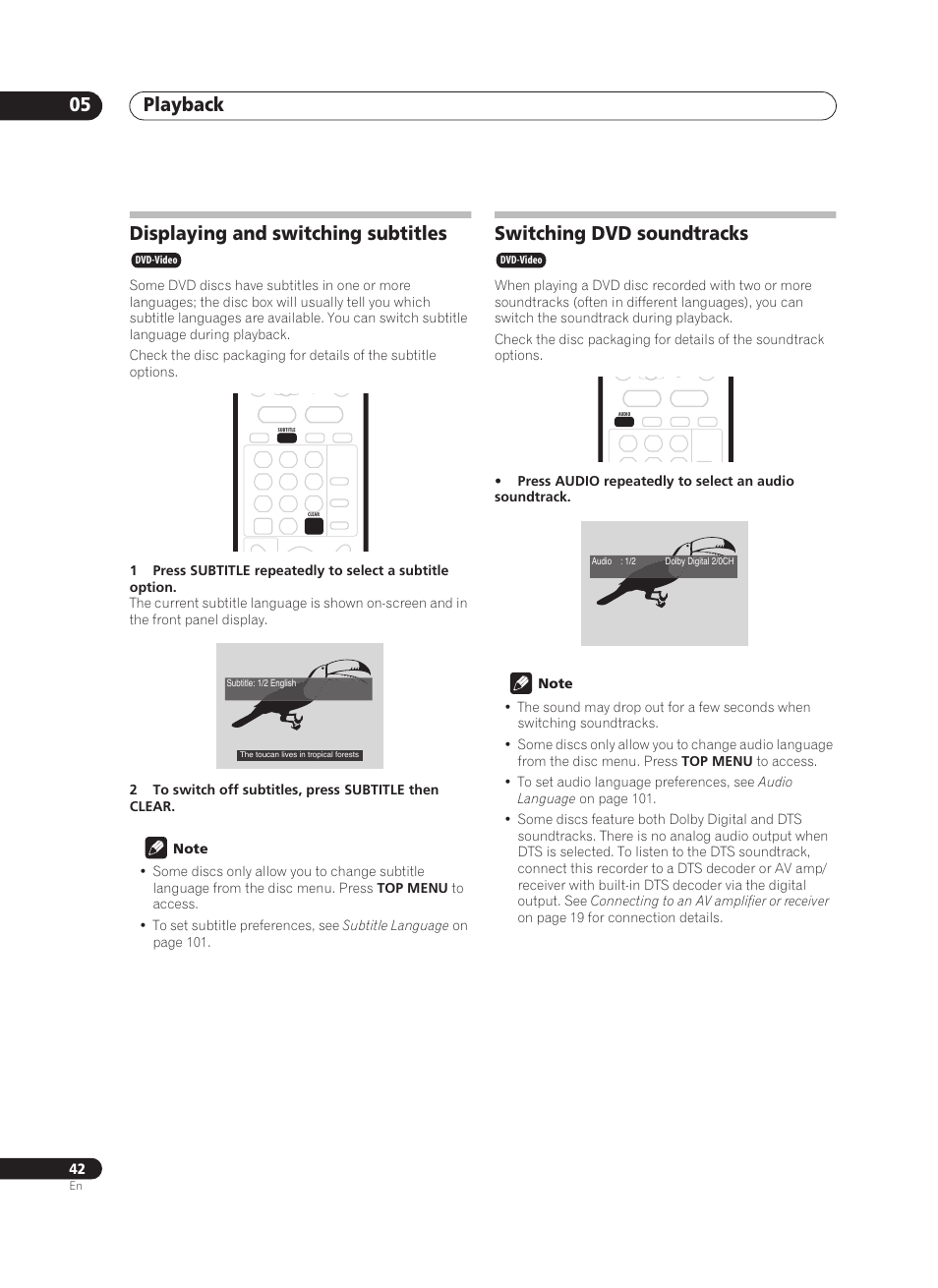 Playback 05, Displaying and switching subtitles, Switching dvd soundtracks | Pioneer PRV-9200 User Manual | Page 42 / 124